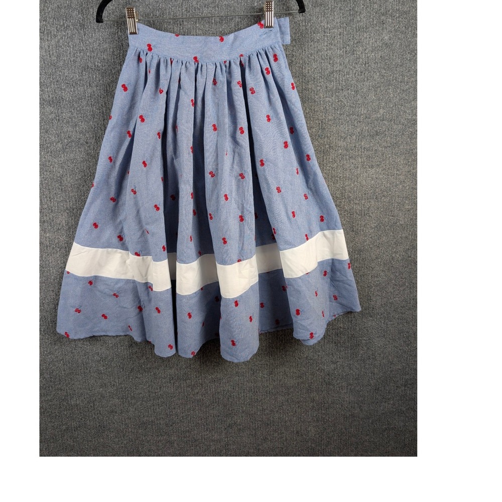 Unique Vintage Swing Skirt Blue Chambray Cherry Embroidered Retro Pin Up XS 2